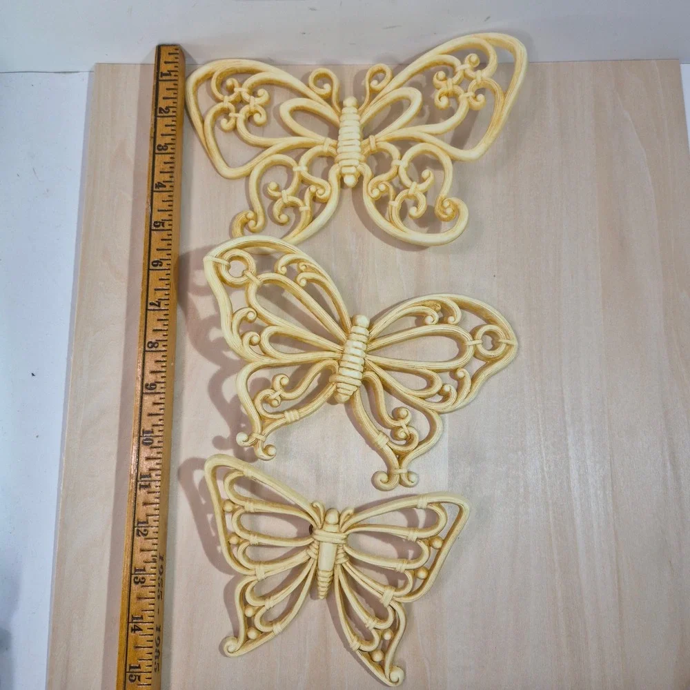 Set of 3 Cream Ornate Butterfly‎ Wall Decor Sculpture Art Vintage Retro